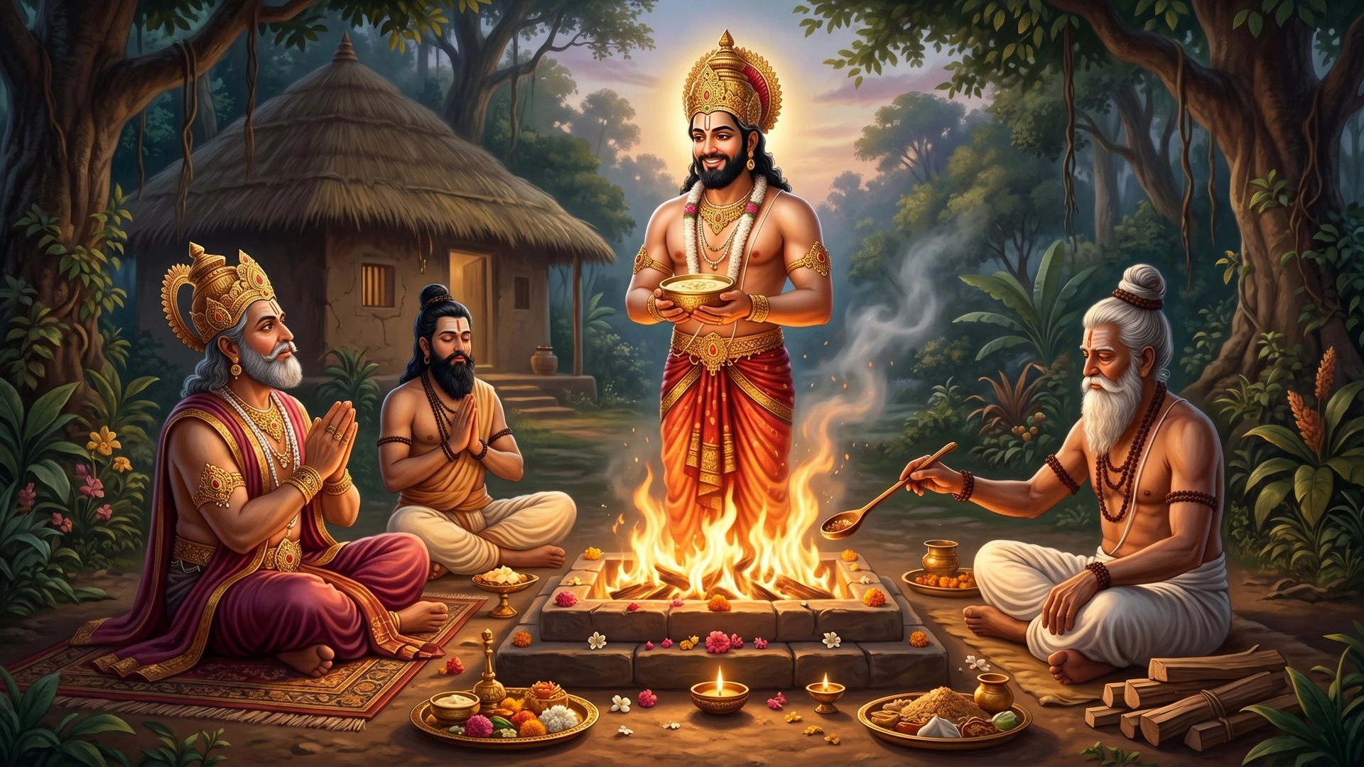 The Fire God emerged from a Havan Kund, holding a divine rice pudding in his hands