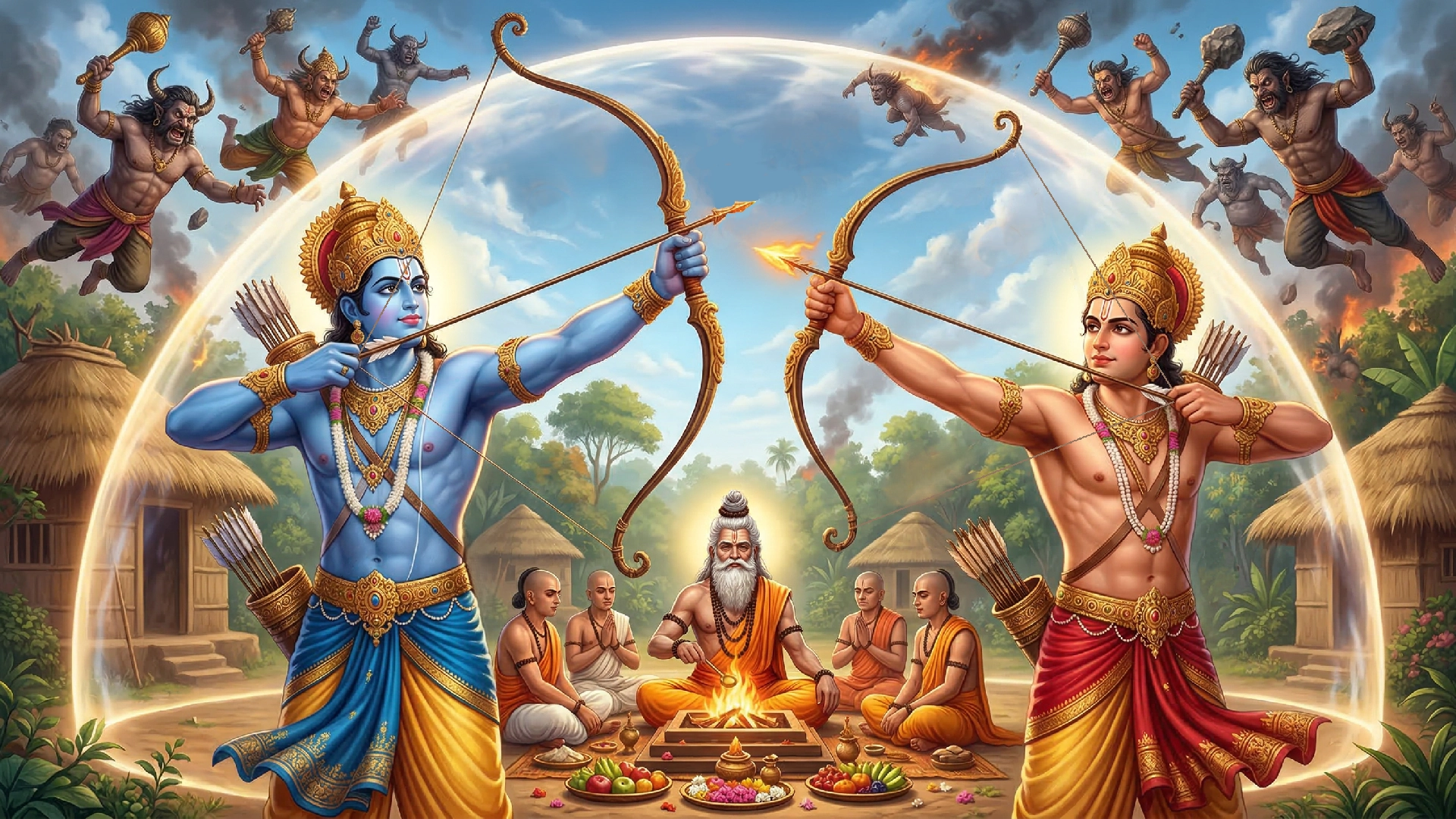With a fire arrow, Lord Ram slew Subahu, while Shri Lakshman annihilated the demon army