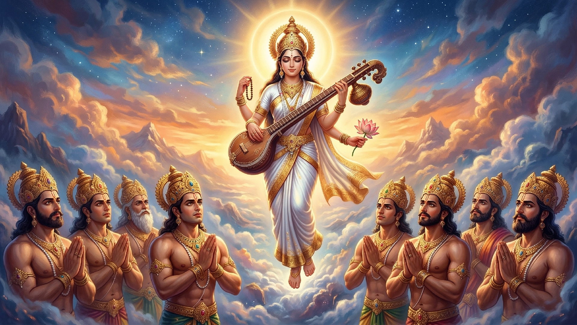 With restless hearts, demigods summoned Goddess Saraswati ji, pleading for her intervention