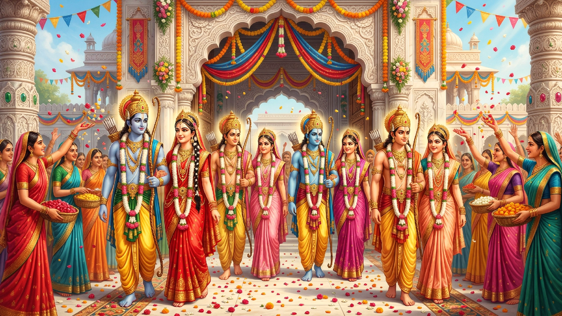 Women of Ayodhya joyfully performed Aarti, their hearts filled with delight at the sight of the four handsome Princes and their beautiful brides