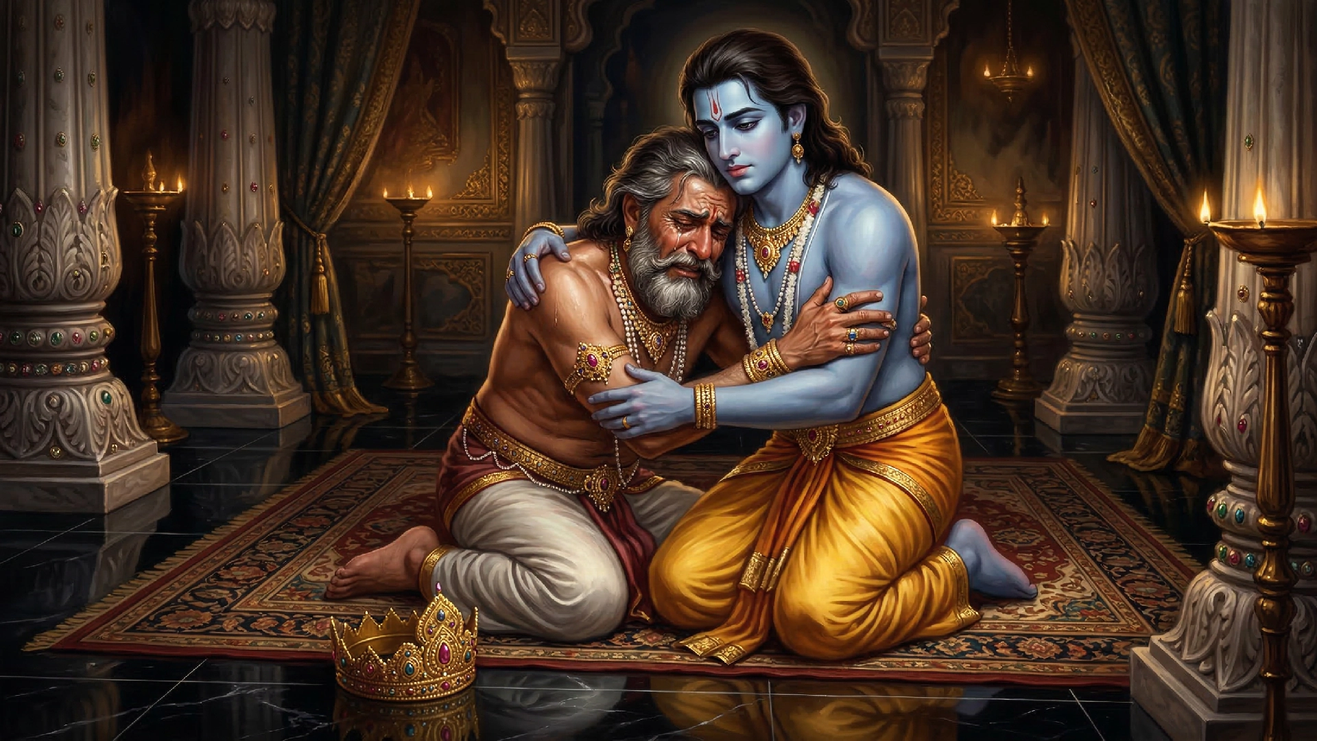 Overpowered by grief, the King Dashrath was unable to speak and simply embraced Shri Ram again and again.
