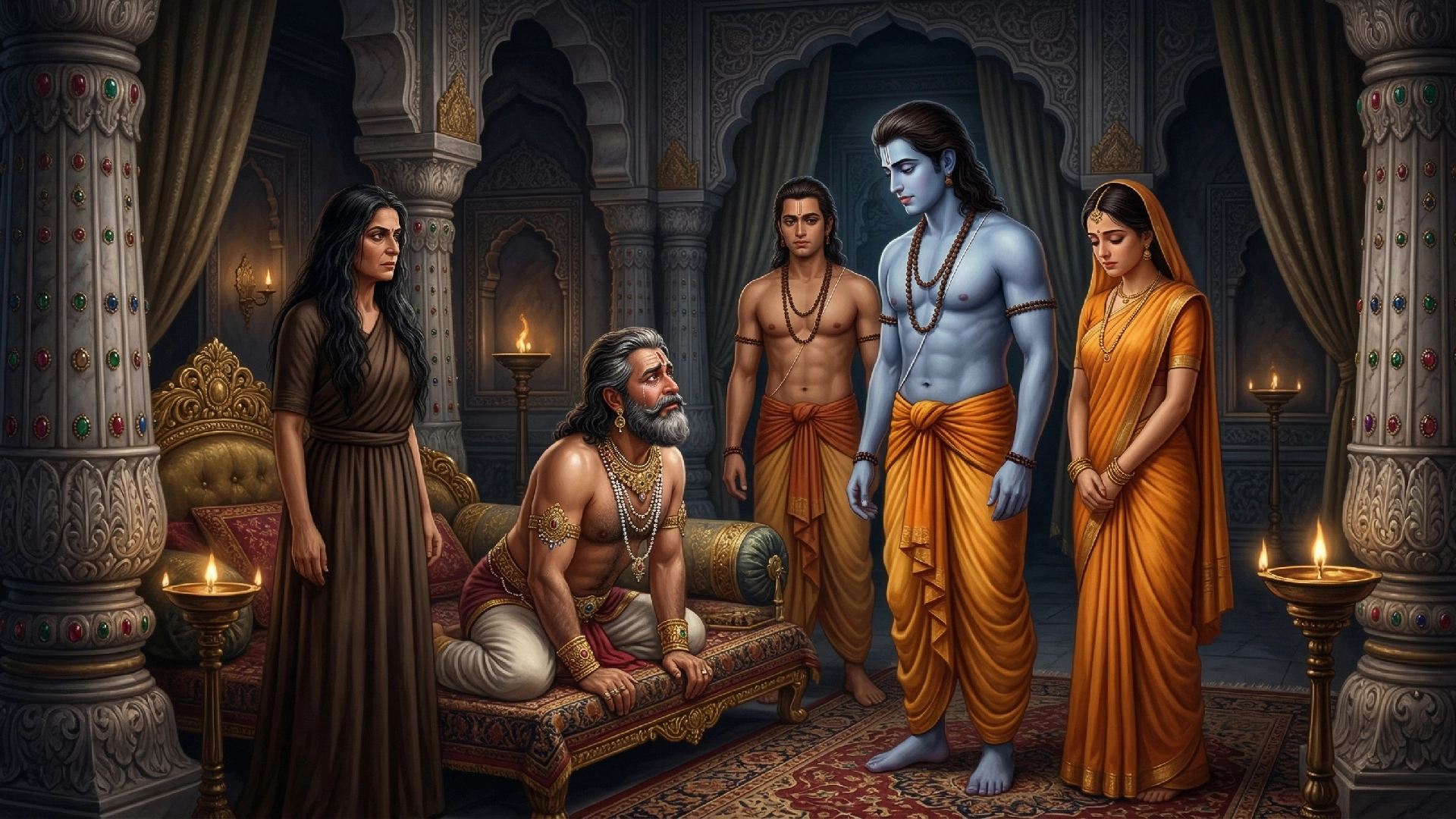 Dashrath ji, was unable to speak, his heart burning with deep agony under the weight of overwhelming grief.