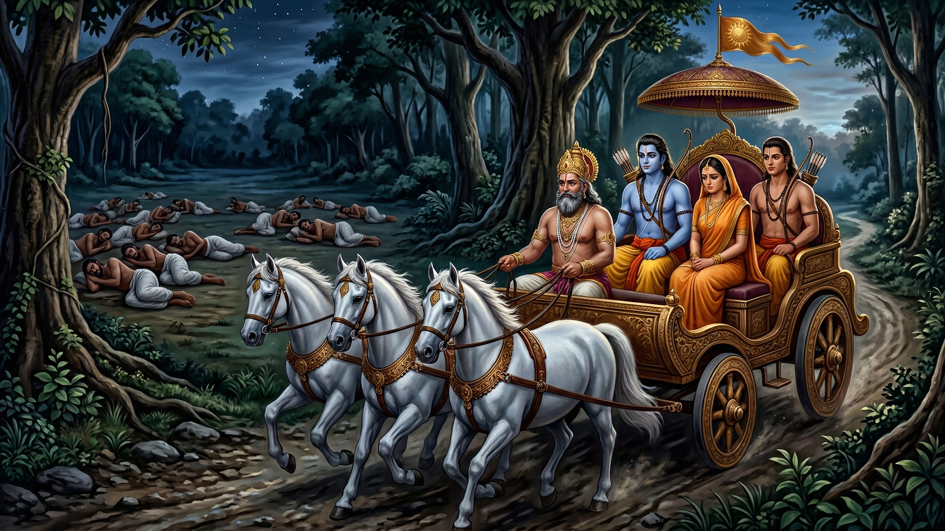 Shri Ram, Lakshman ji, and Sita ji boarded the chariot. Sumantra ji then swiftly drove it in a zigzag manner, leaving no trail behind