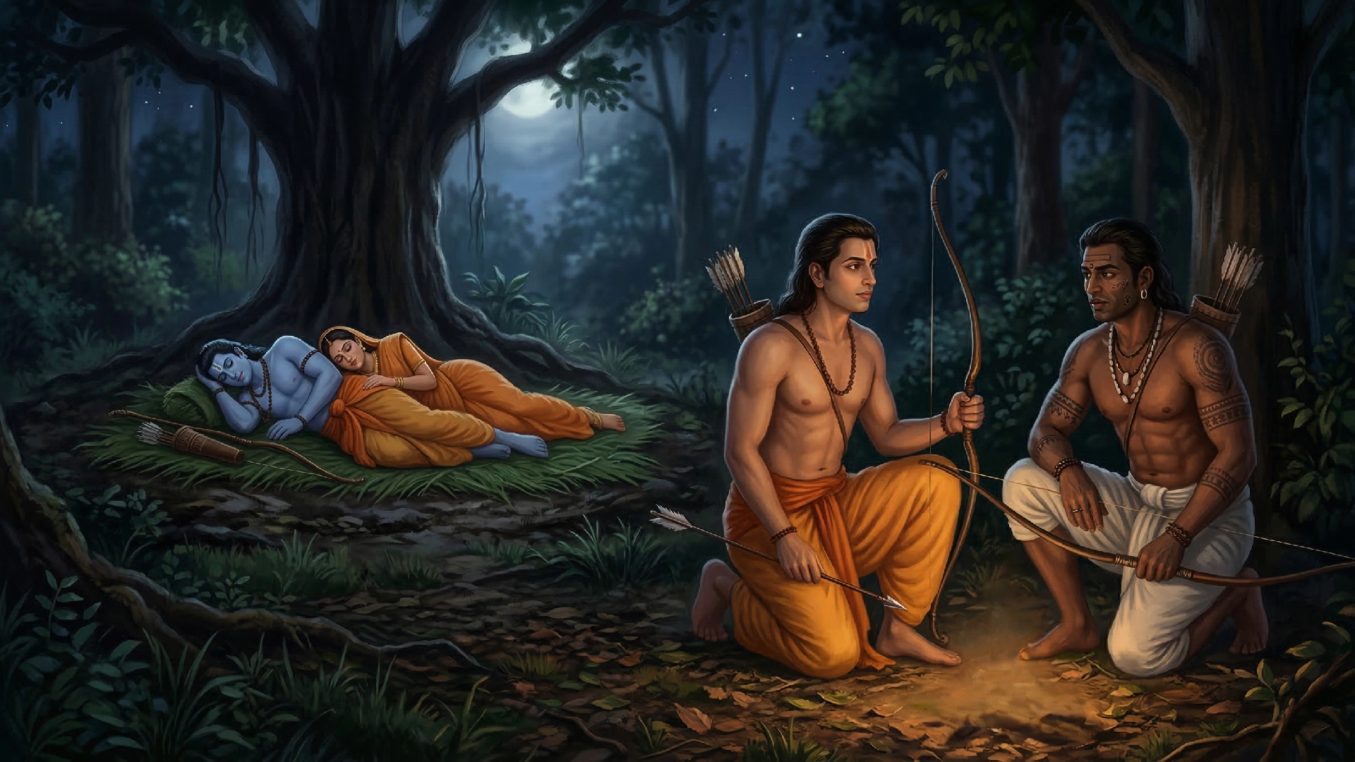 89.3-Seeing Shri Ram and Sita ji resting on a simple bed of grass and leaves, Guh was overcome with emotion