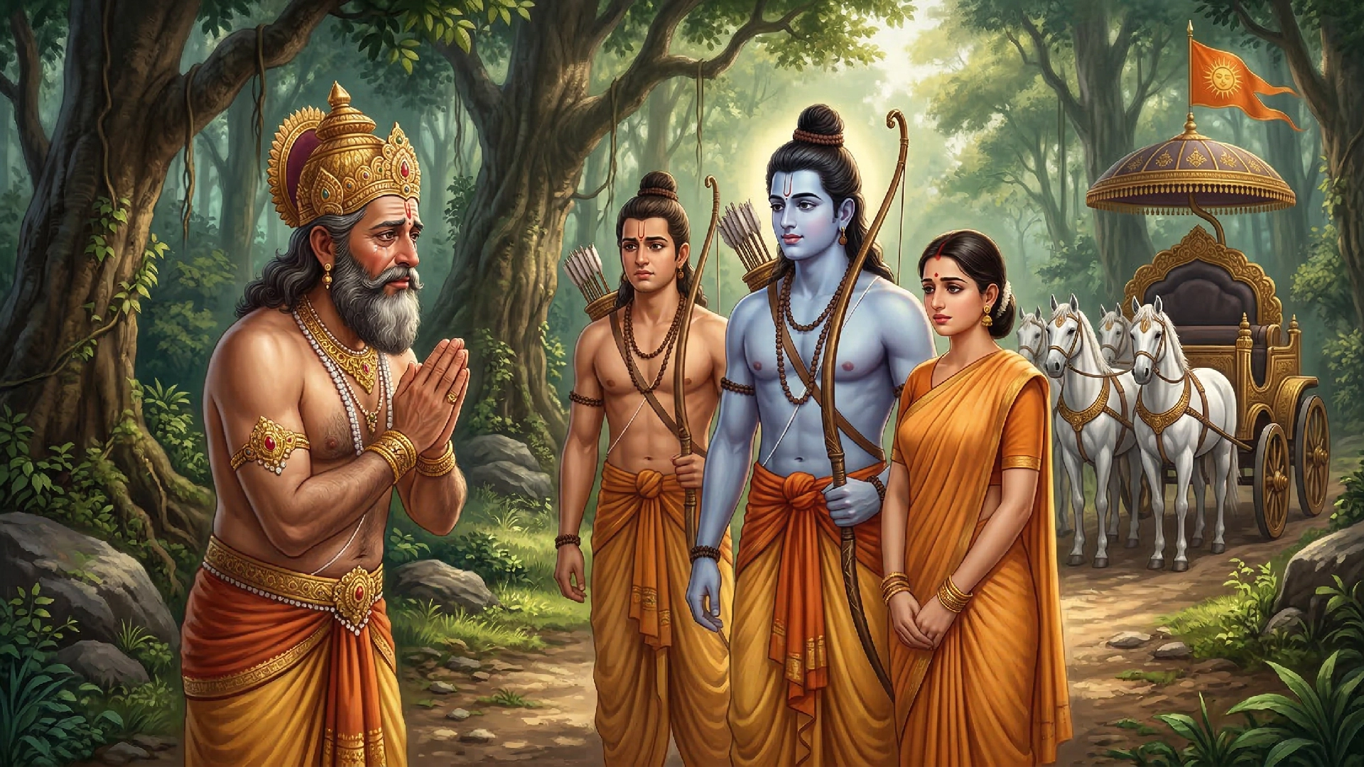 Sumantra’s heart was filled with agony. He joined his palms and spoke to Lord Ram