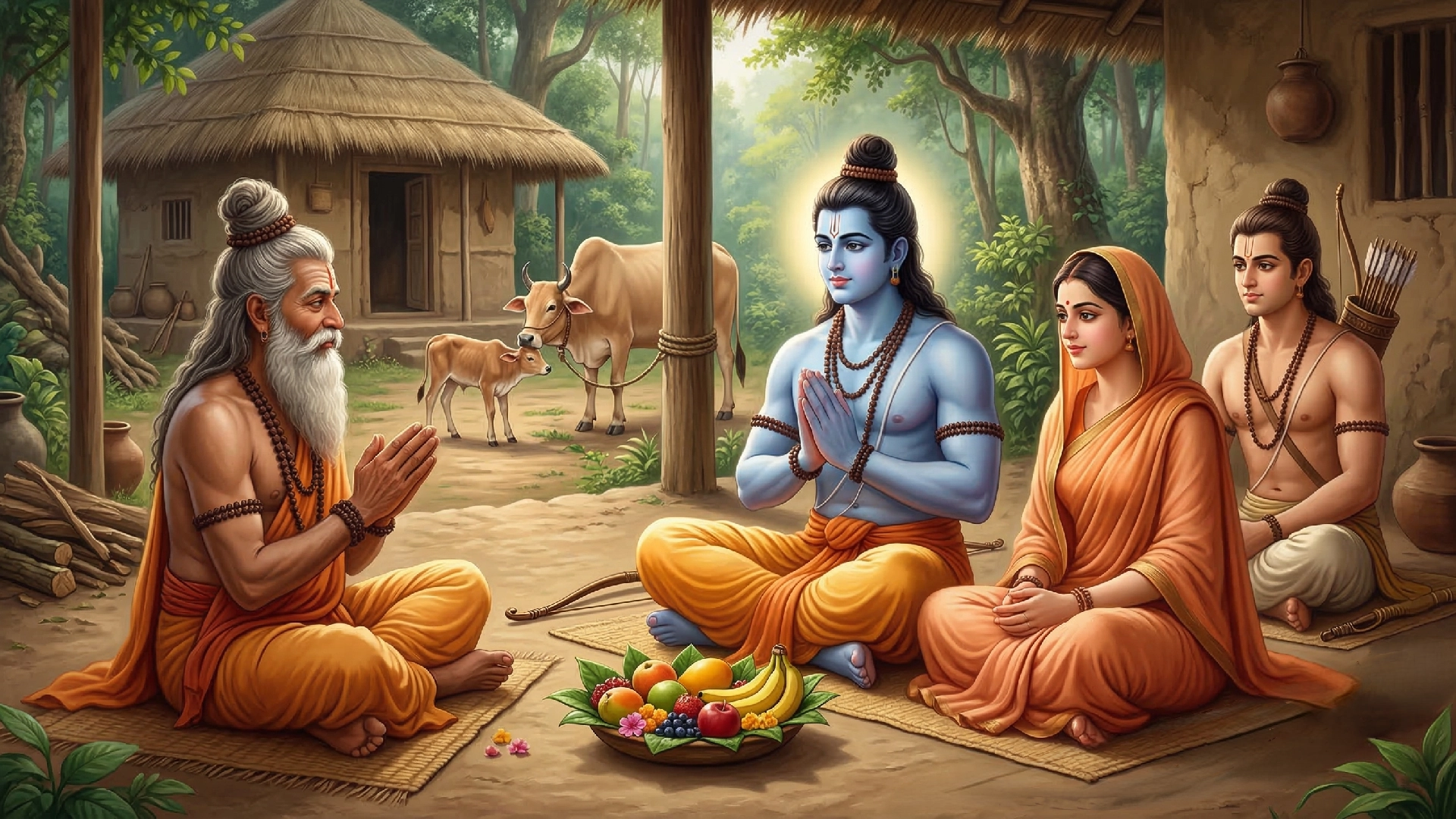 Sage Vishwamitra served roots, bulbs and fruits to Lord Ram,. Sita ji, and Lakshman ji