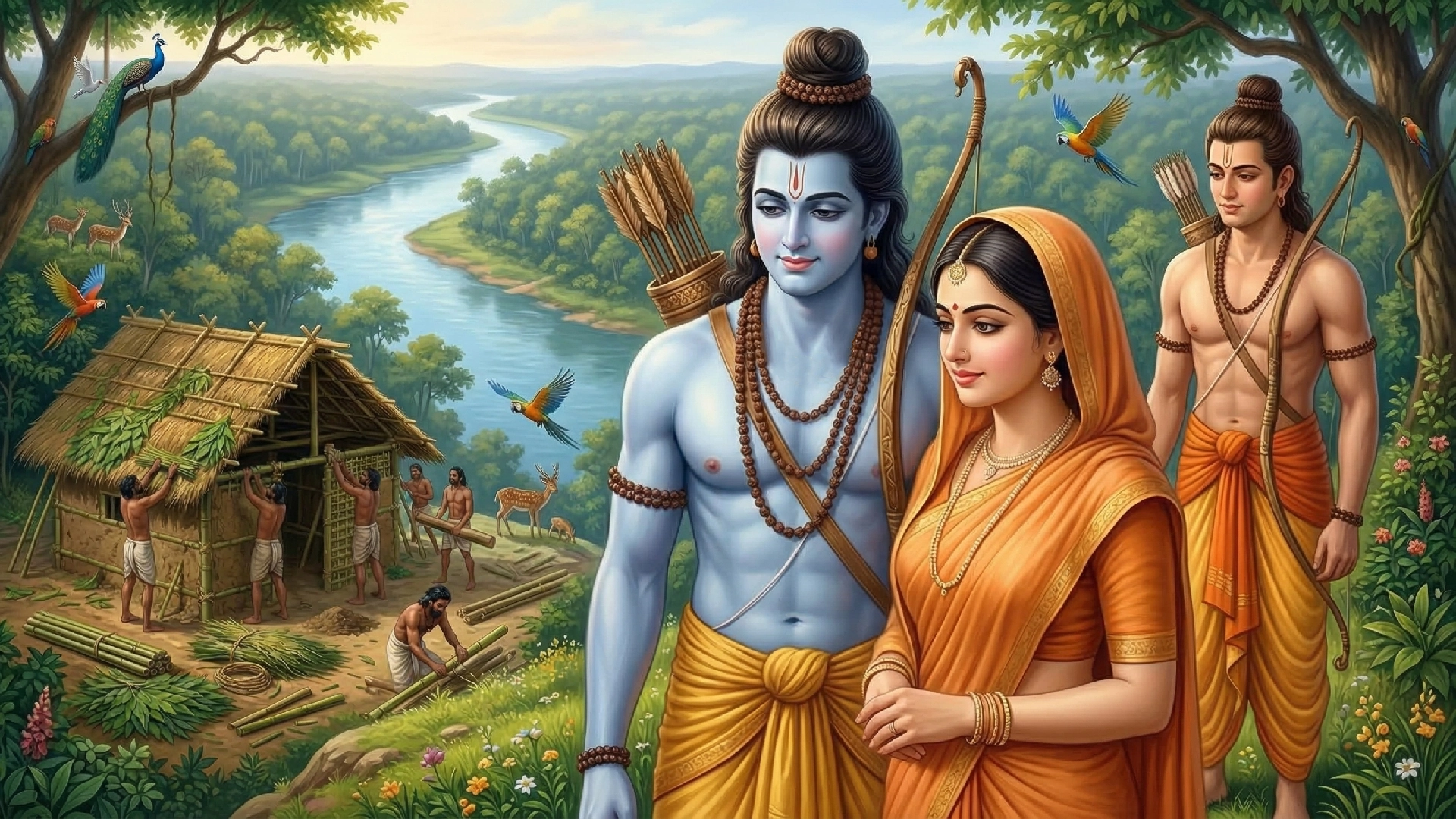 Shri Ram, Sita ji, and Lakshman ji arrived at Chitrakoot and bathed in the sacred Mandakini River