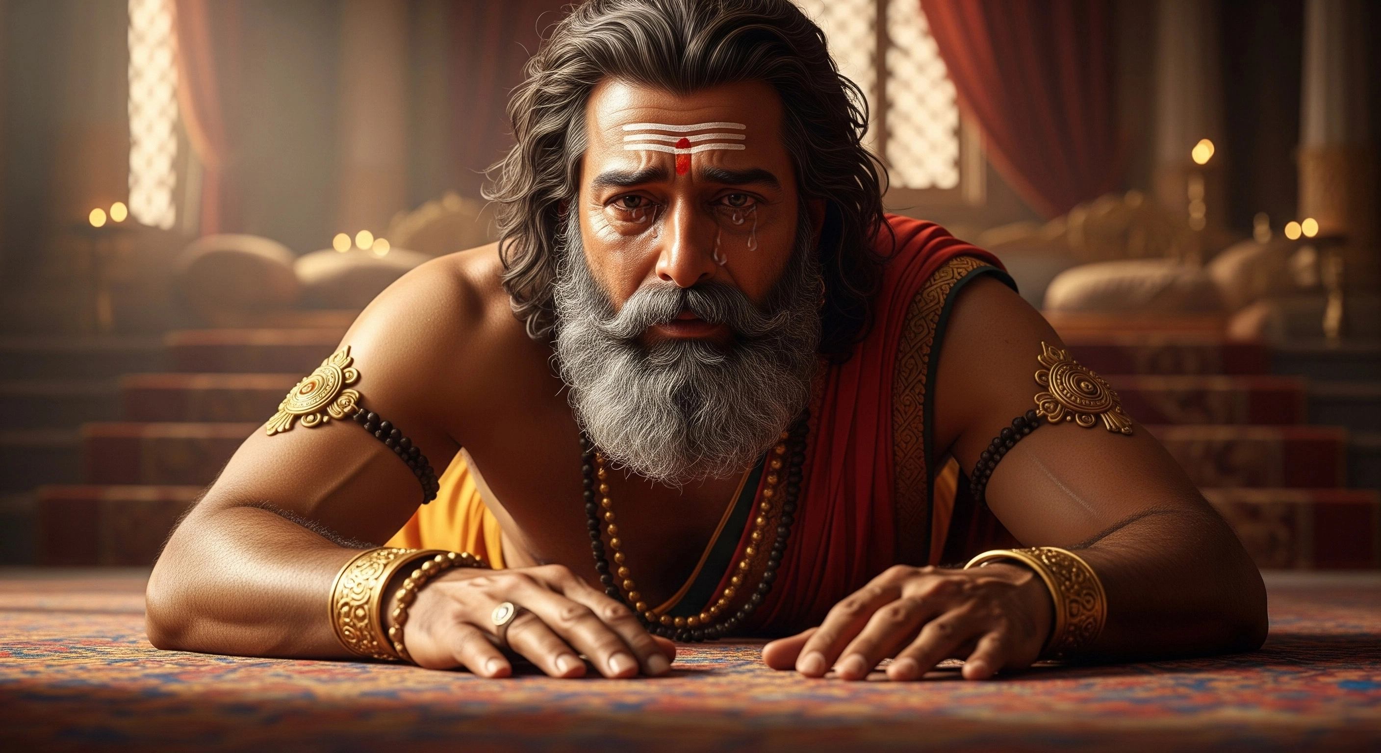 Sumantra ji saw King Dashrath lay on the ground in a wretched state, bereft of his throne, bed, and royal adornments