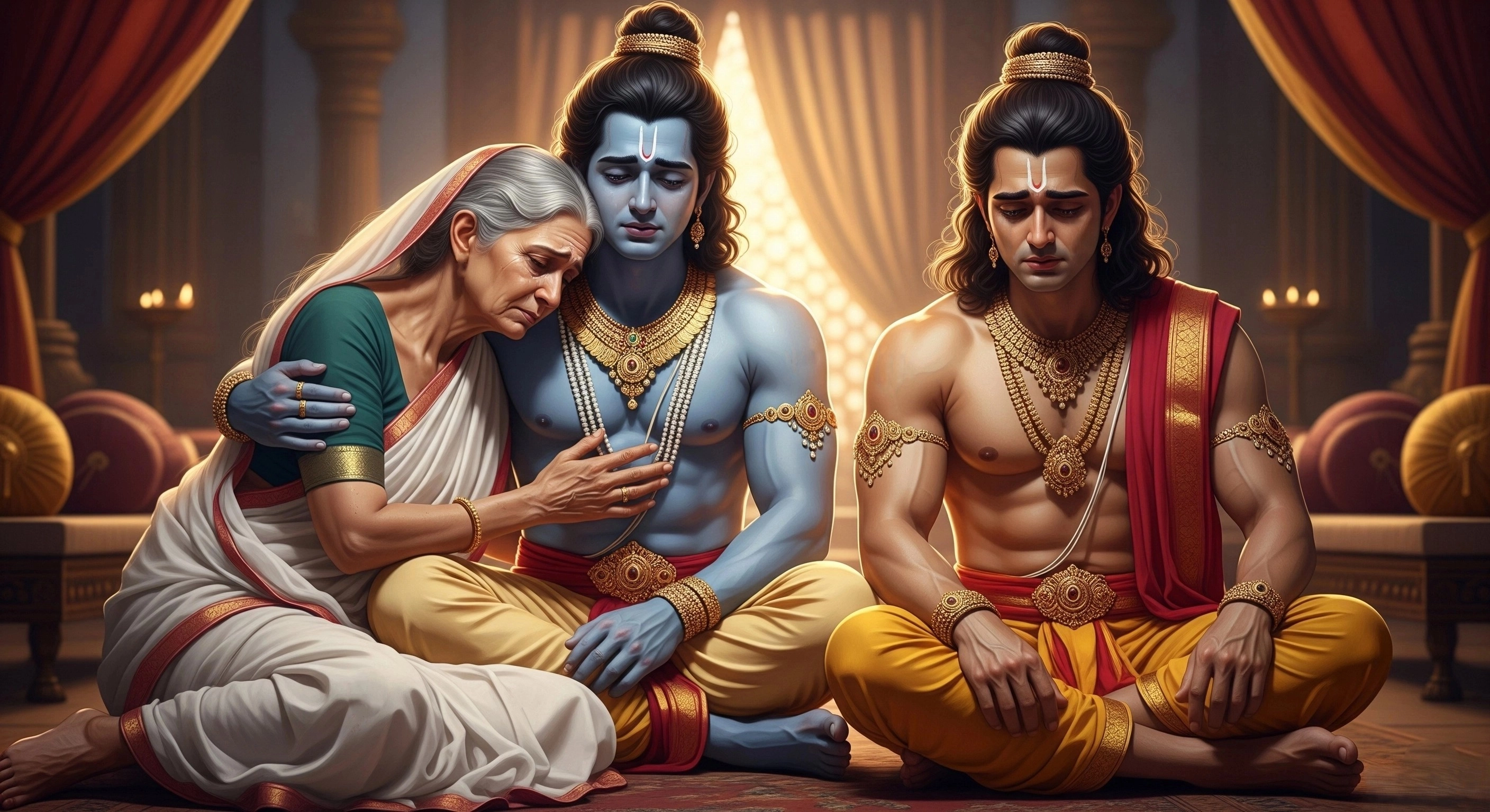 Hearing Bharat ji’s gentle words, Mother Kaushalya embraced him