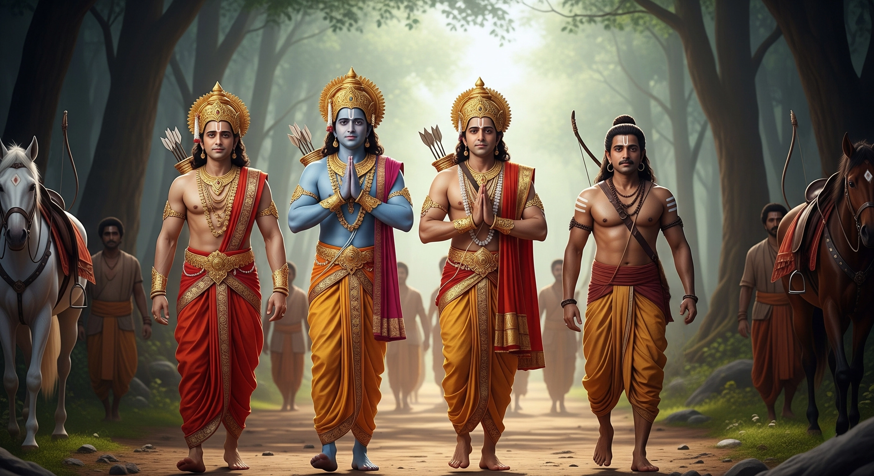 Bharat ji and Shatrughan ji walked alongside Guh, Minister Sumantra’s son, and others on the path to Chitrakoot