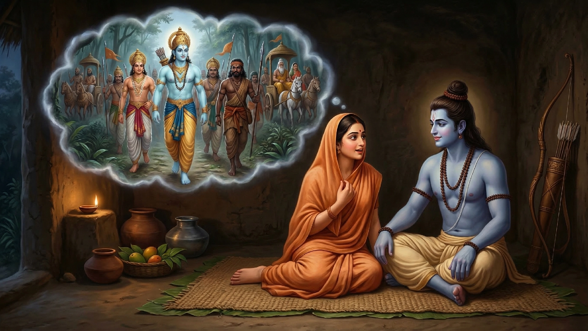 Sita ji had a dream in which Bharat ji, accompanied by all the citizens of Ayodhya, had come to see Shri Ram