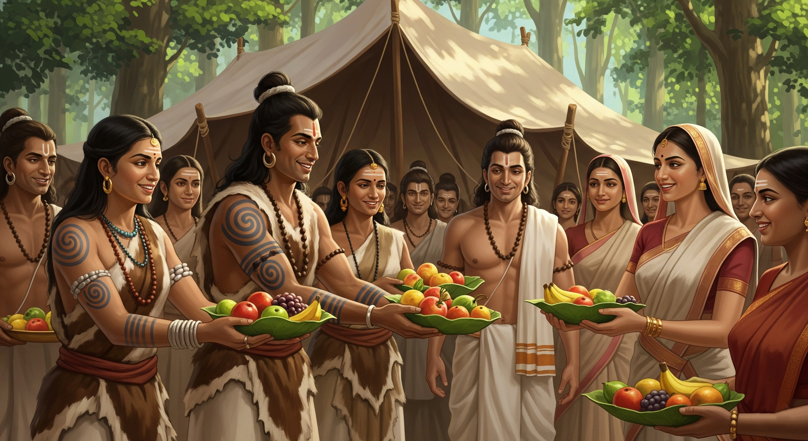 Tribals, and forest dwellers offered roots, fruits, seeds, and sprouts in leaf cups filled with honey